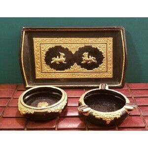 3 Piece Smoking Desk Set Griffon Emblems Black & Gold Lacquered Wood